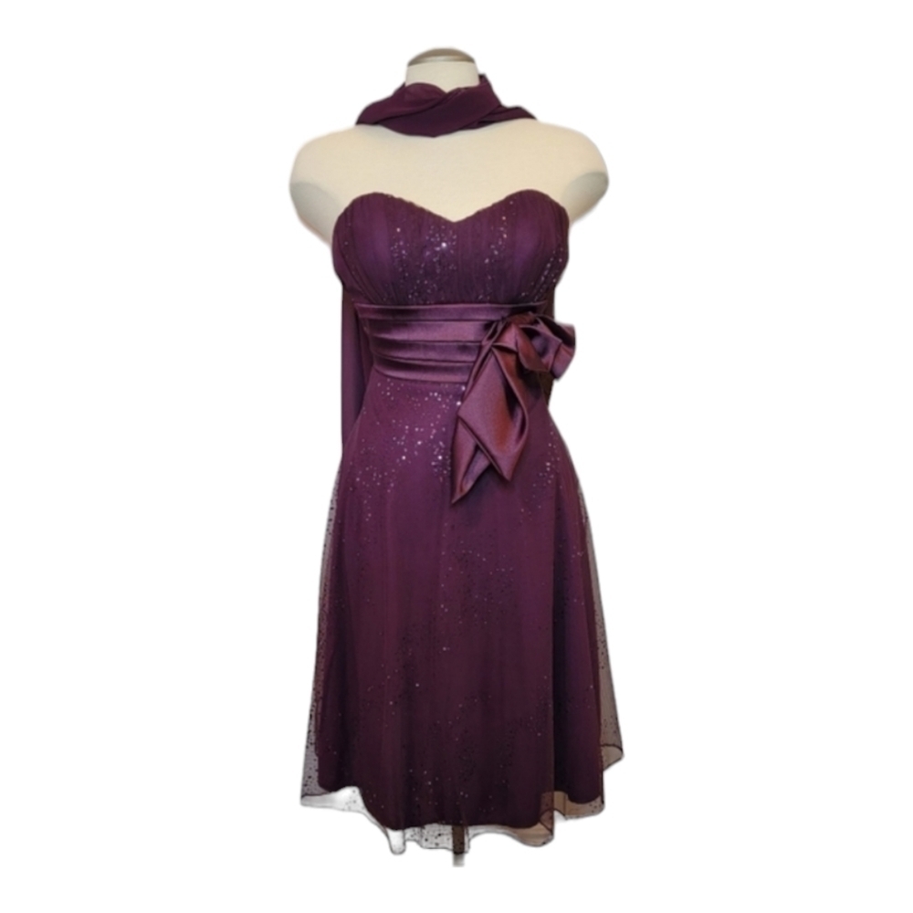 Majora | Purple Sparkly Strapless Sweetheart Neckline Formal Dress with Scarf